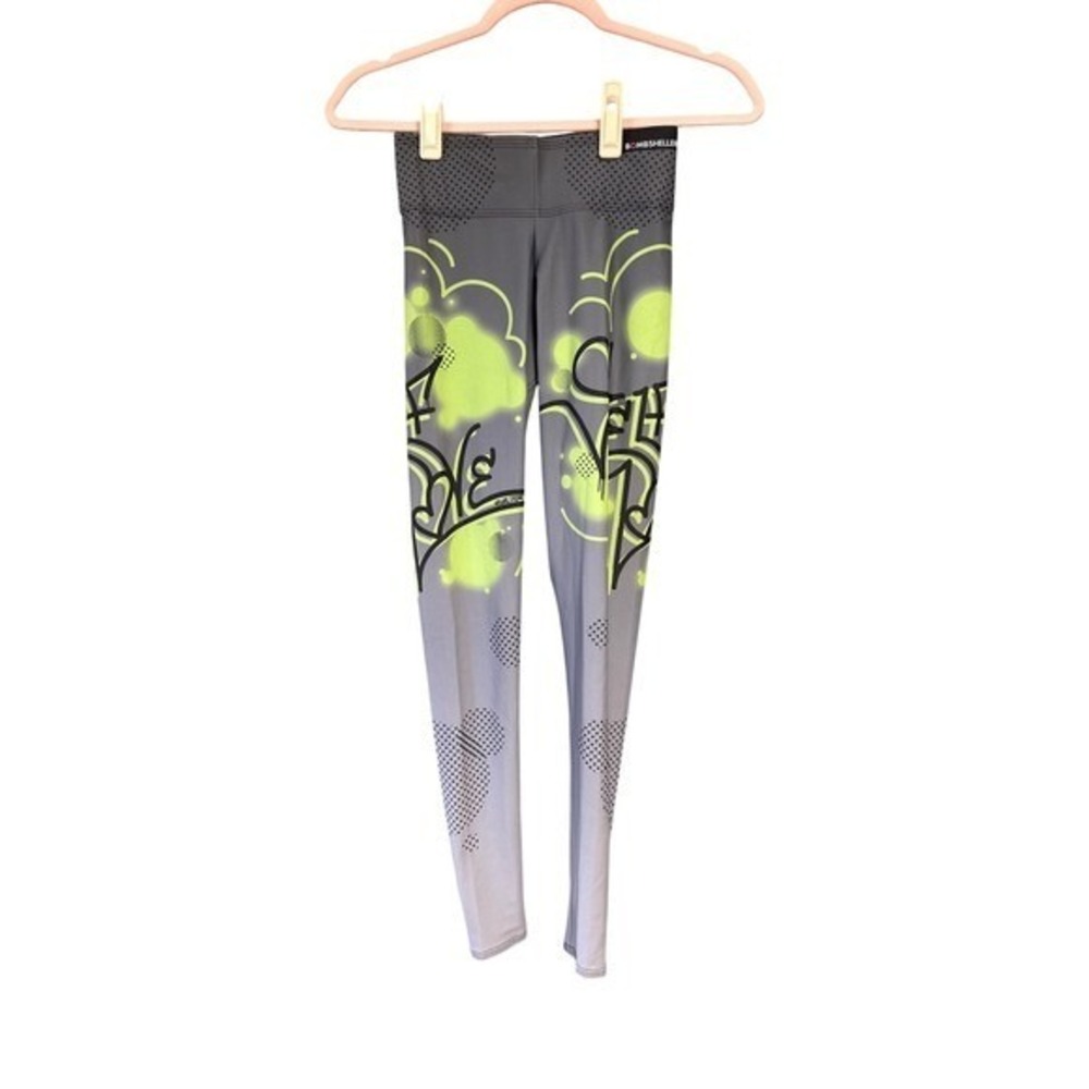 Bombsheller GeekGirlStrong Self Love Graffiti Leggings Grey Neon Lime XS USA